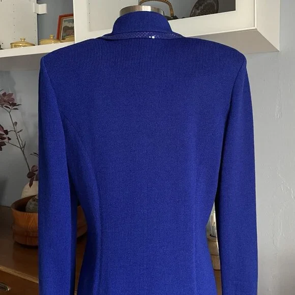 ST JOHN Evening Size 8 Royal Blue Santana Knit Blazer Jacket Removable Collar - Picture 7 of 11